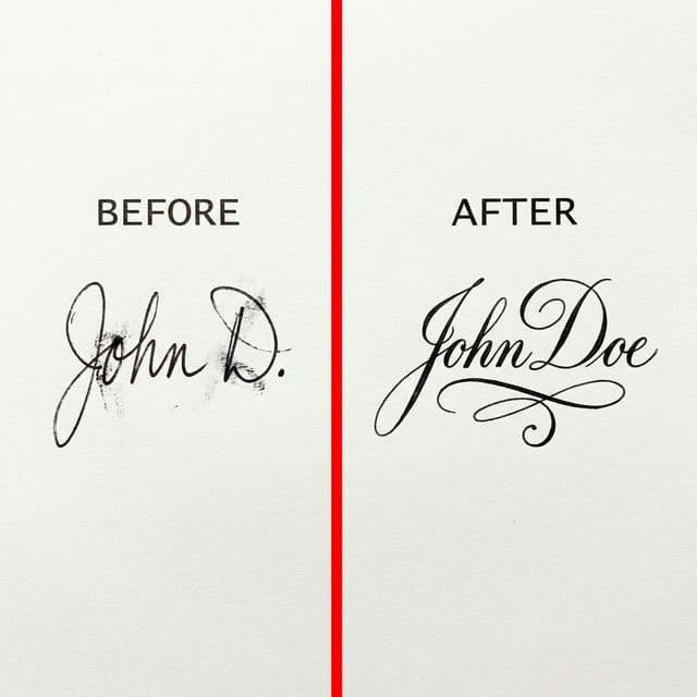 Before and after signature comparison — messy scribble vs elegant professional signature